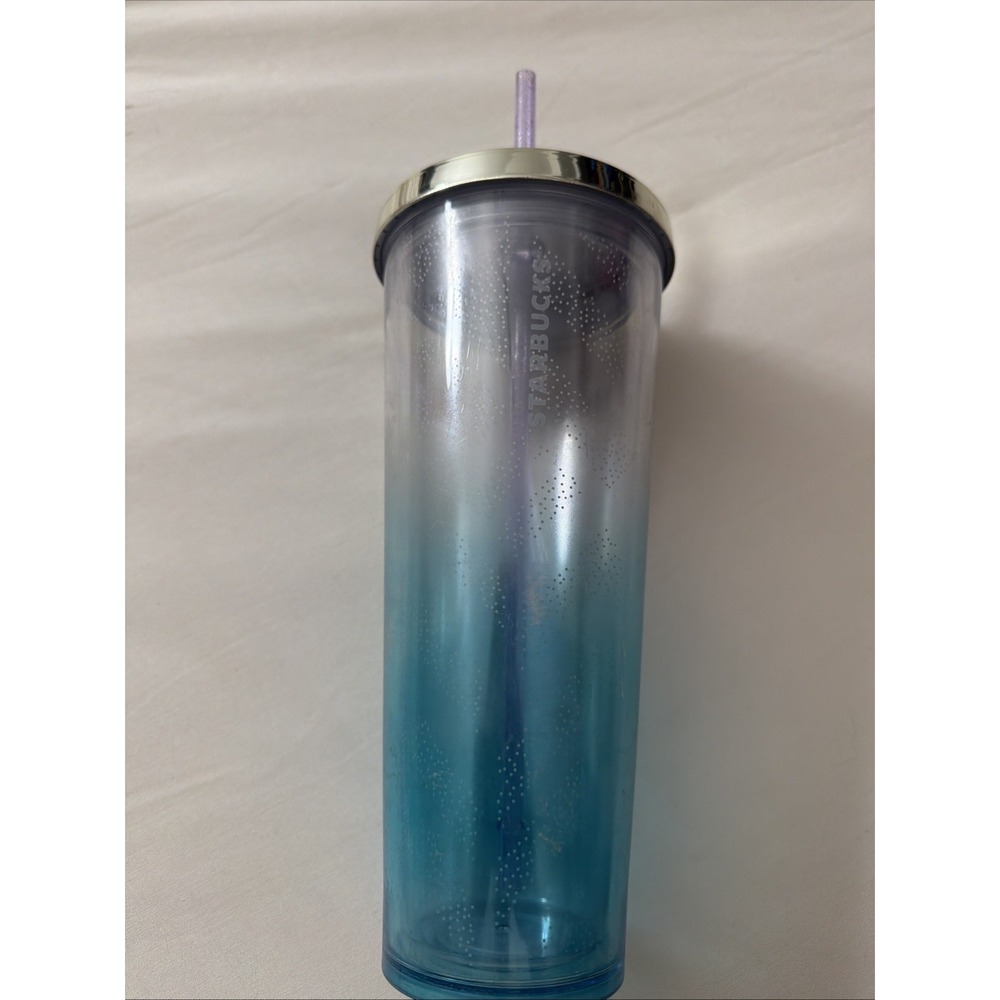 2014 Starbucks 24 Oz Tumbler Clear To Blue Fade Gold Lid See Pictures Gently Use